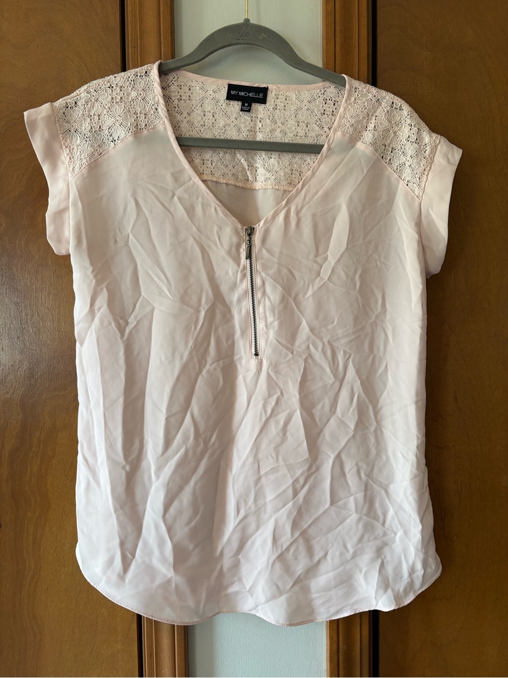 My Michelle Pale Blush Zip-Front Lace Shoulder Top